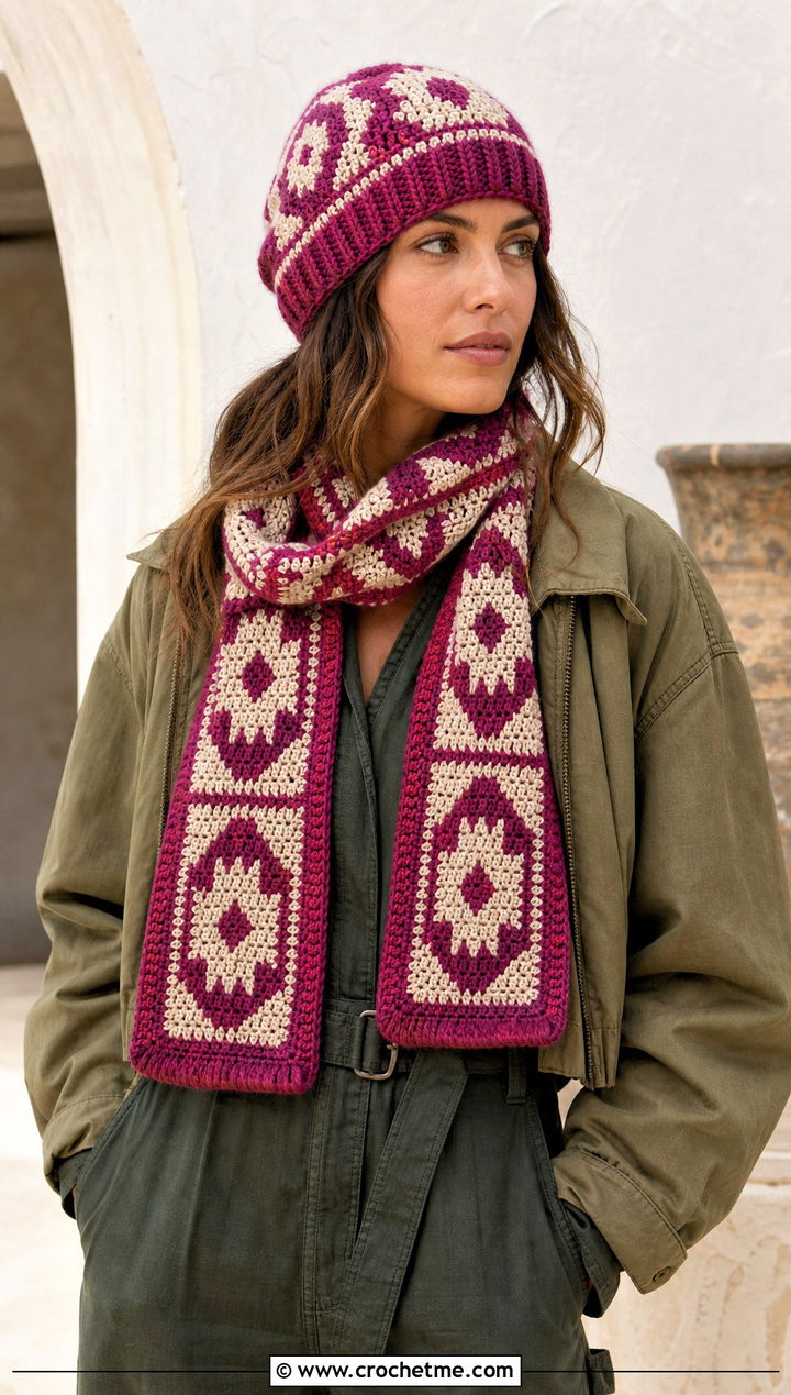 Tapestry Beanie And Scarf Set With Utility Jumpsuit - 25 Crochet Scarf And Hat Set outfit ideas