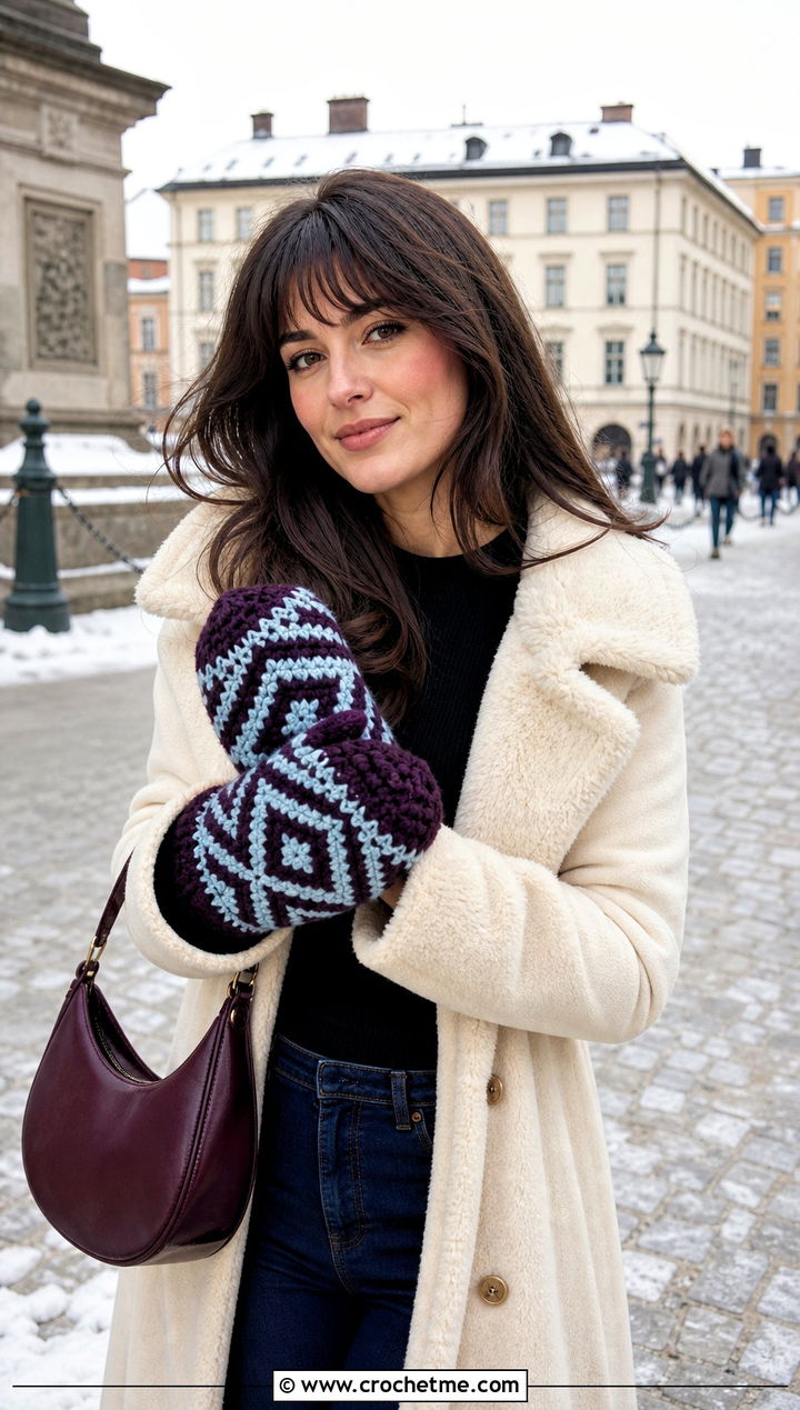 Tapestry Bulky Crochet Mittens With Shearling Coat - 20 Crochet Mittens Bulky Yarn outfit ideas