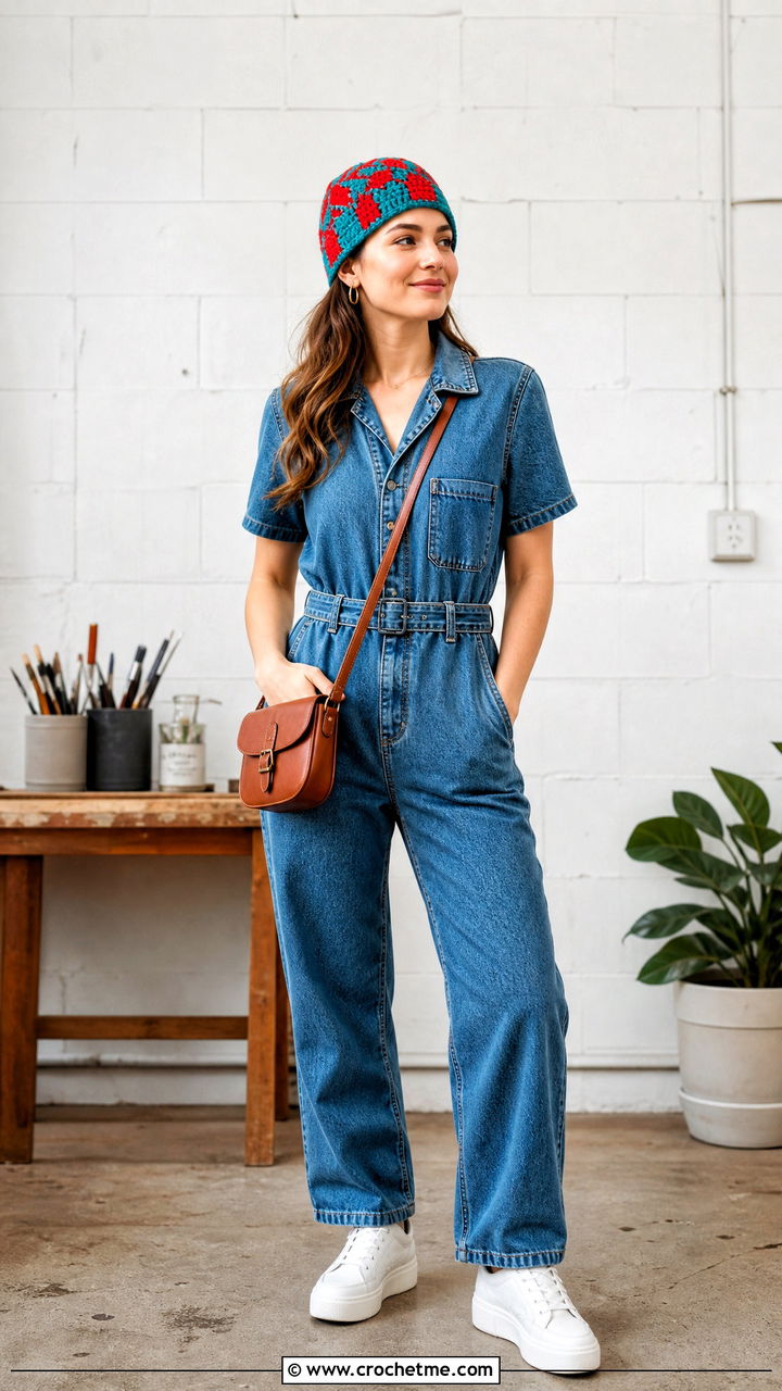 Tapestry Checkered Beanie With Denim Jumpsuit - 35 crochet checkered beanie outfit ideas
