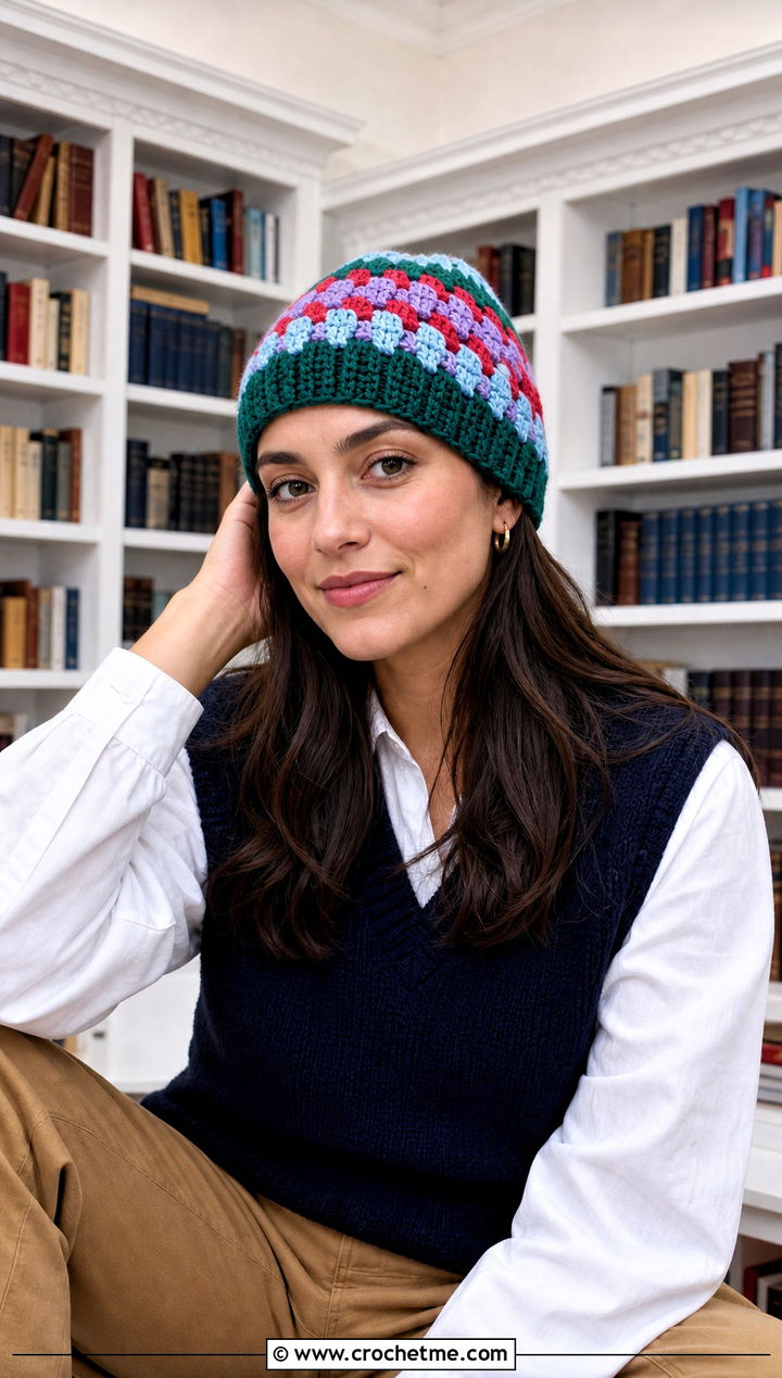 Tapestry Color Block Crochet Beanie With Sweater Vest - 20 Color Block Crochet Beanie outfit ideas