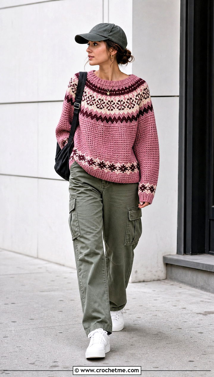 Tapestry Colorwork Nordic Crochet Sweater With Cargo Pants - 25 nordic crochet sweater outfit ideas
