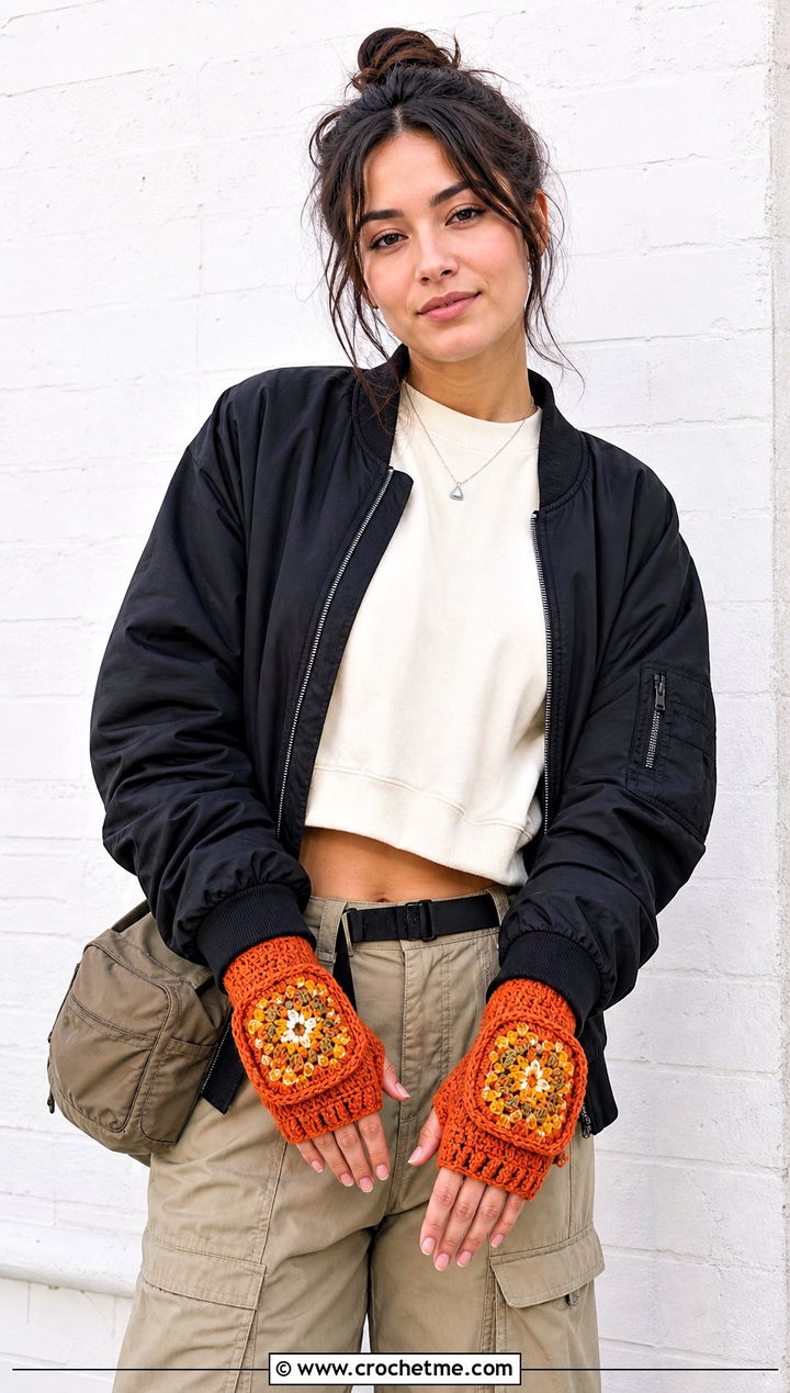 Tapestry Convertible Crochet Fingerless Mittens With Cargo Pants - 20 Convertible Crochet Fingerless Mittens outfit ideas