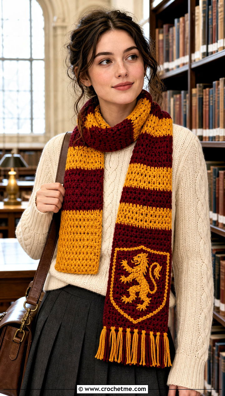 Tapestry Crest Gryffindor Crochet Scarf With Pleated Skirt - 25 gryffindor crochet scarf outfit ideas