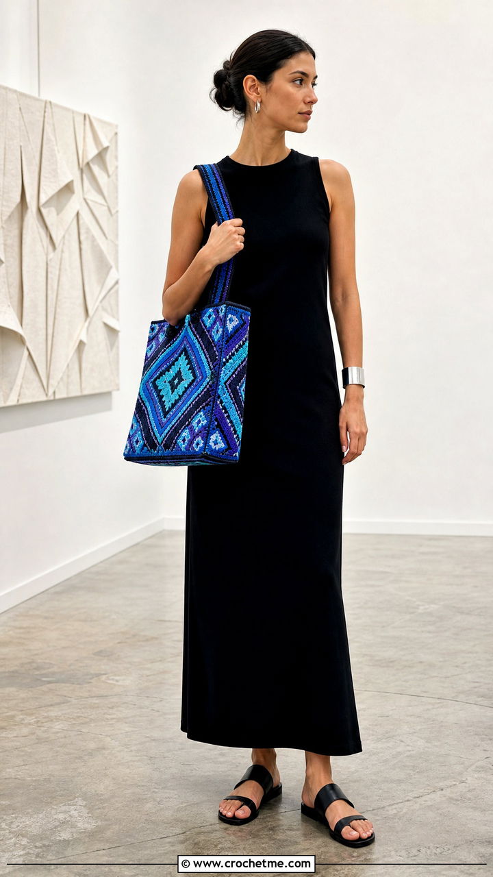 Tapestry Crochet Bag With Black Maxi Dress - 35 crochet bag outfit ideas