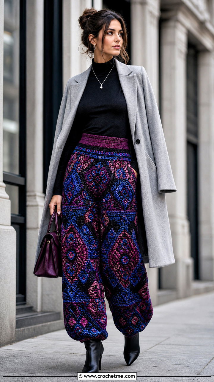 Tapestry Crochet Baggy Pants With Tailored Coat - 35 crochet baggy pants outfit ideas