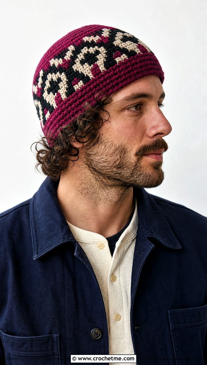 Tapestry Crochet Beanie With Chore Coat - 15 Crochet Men's Hats outfit ideas