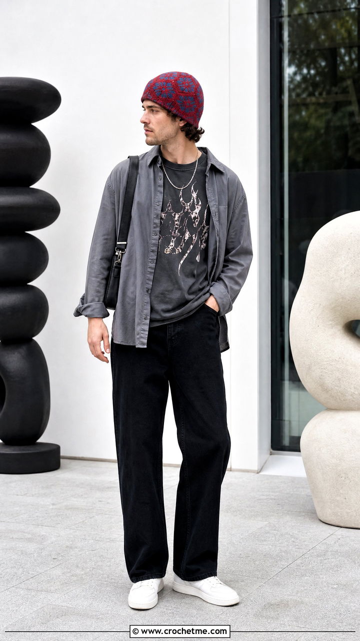 Tapestry Crochet Beanie With Graphic T Shirt - 35 men's crochet hat outfit ideas