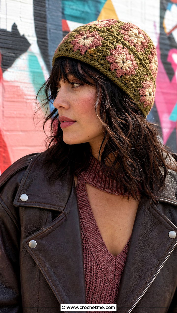 Tapestry Crochet Beanie With Moto Jacket - 25 Fall Crochet Beanie outfit ideas