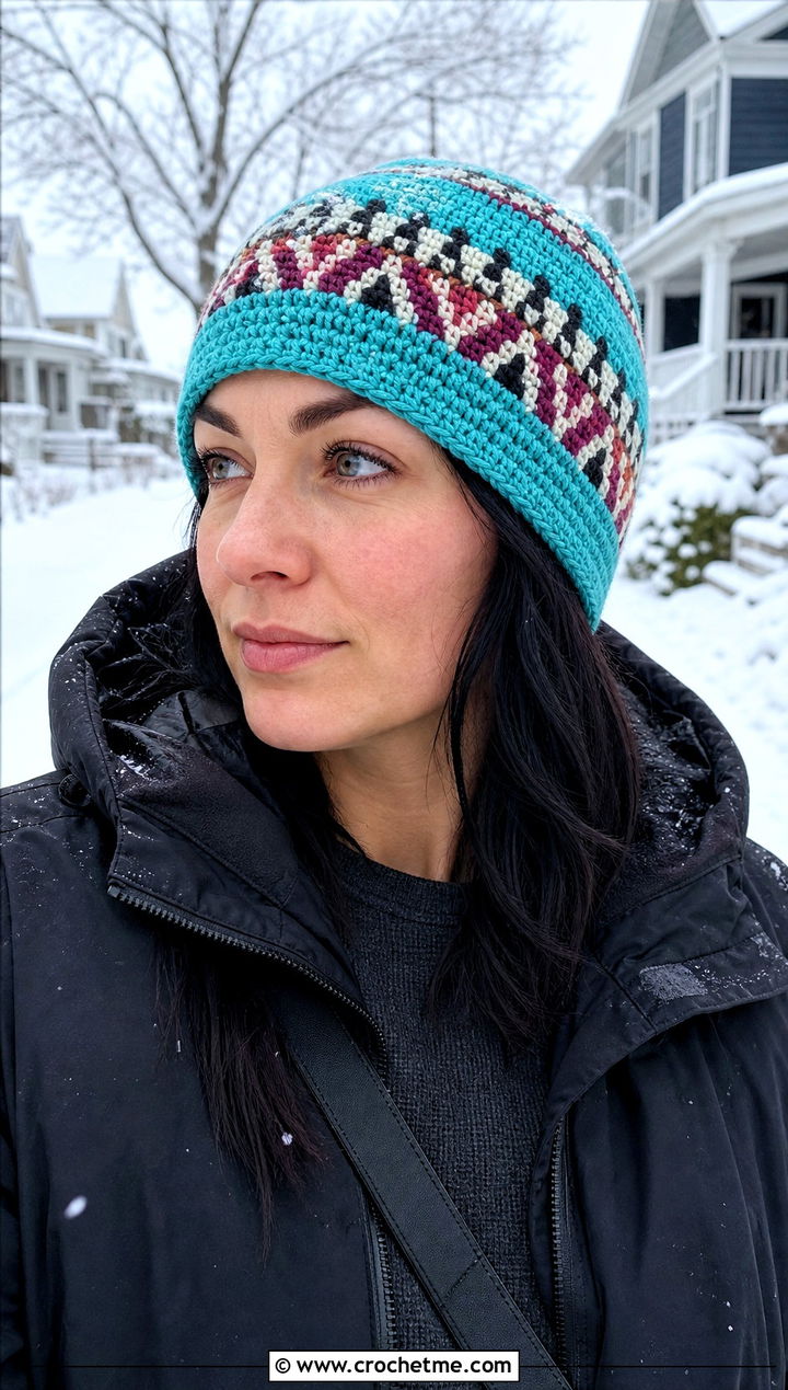 Tapestry Crochet Beanie With Parka And Black Jeans - 25 winter crochet hat for women outfit ideas