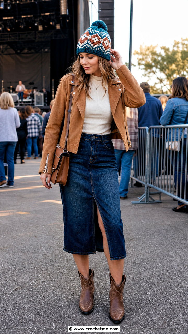 Tapestry Crochet Beanie With Suede Jacket And Denim Skirt - 35 crochet beanie hat outfit ideas