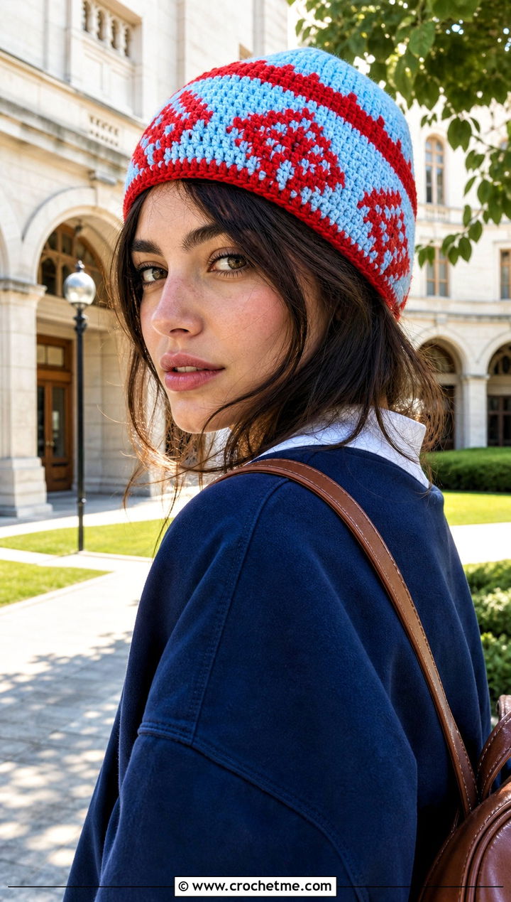 Tapestry Crochet Beanie With Sweatshirt And Pleated Skirt - 30 two color crochet beanie outfit ideas
