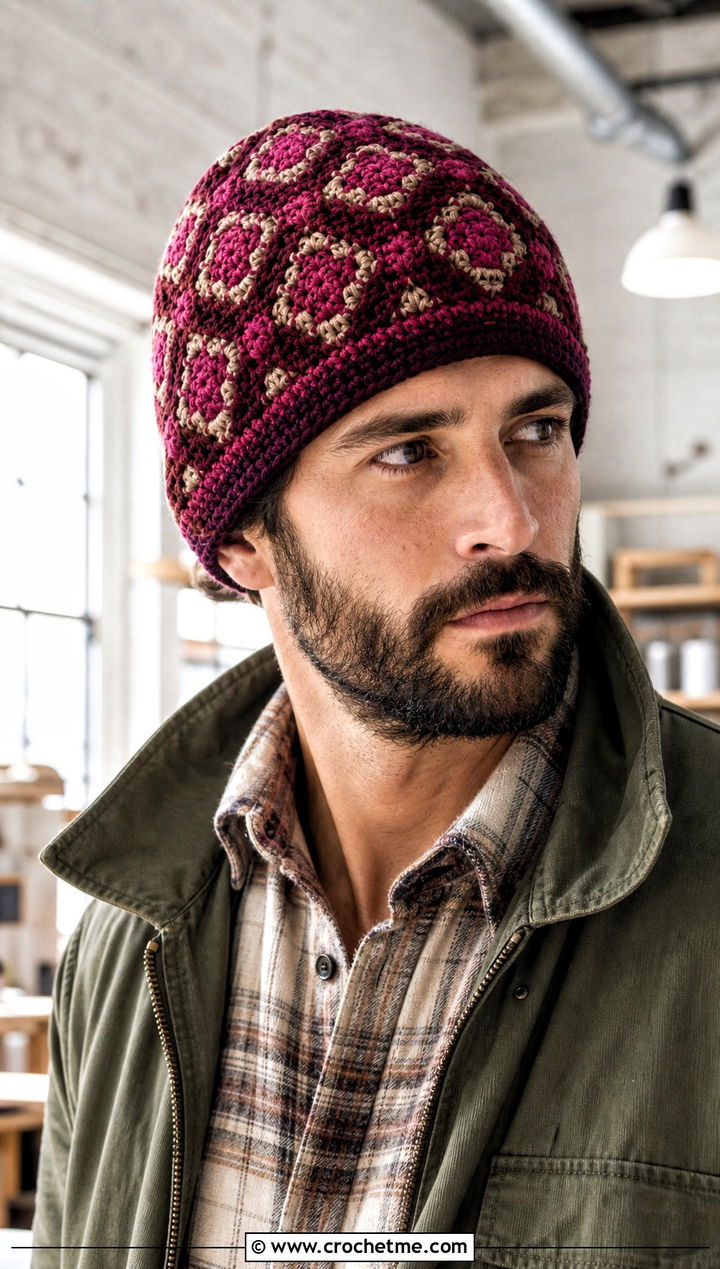 Tapestry Crochet Beanie With Utility Jacket - 25 mens winter crochet hats outfit ideas