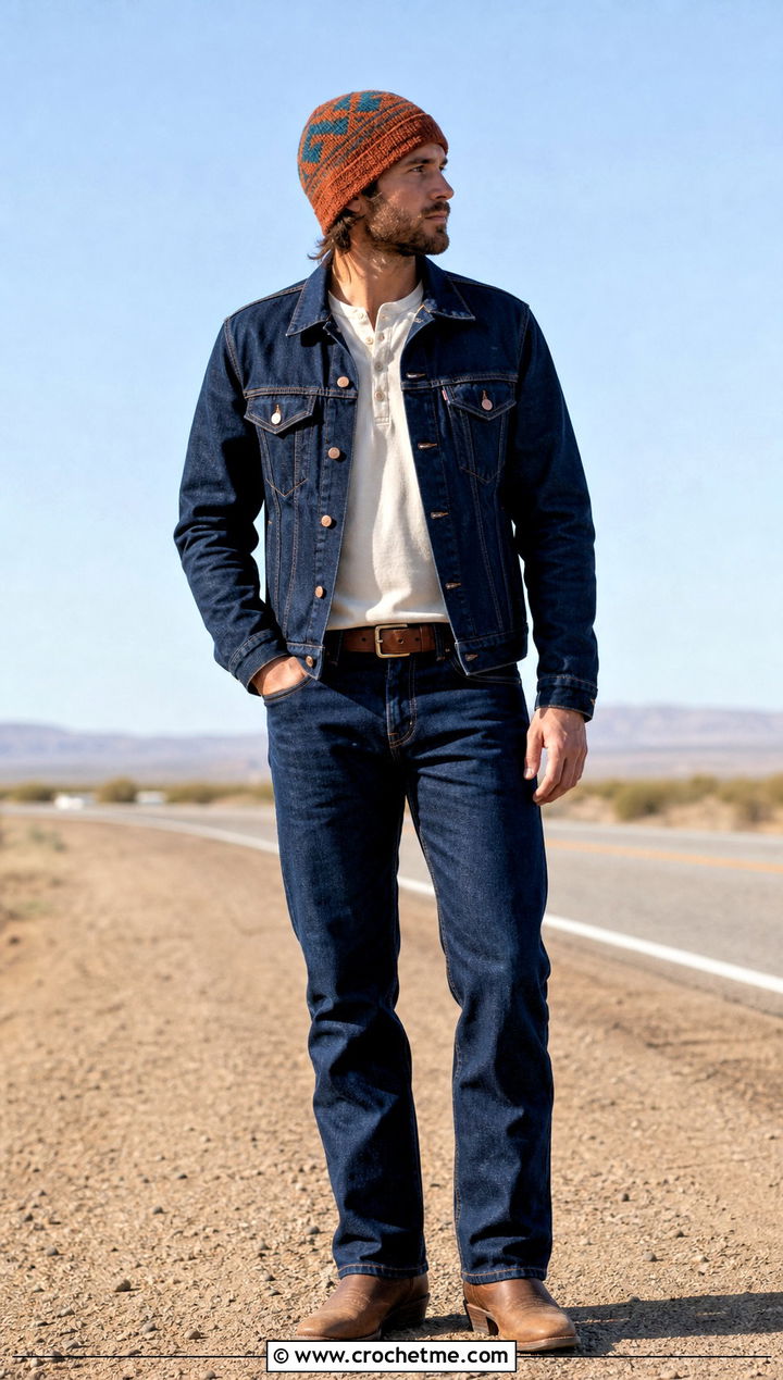Tapestry Crochet Beanie With Western Jacket - 35 mens crochet beanie outfit ideas