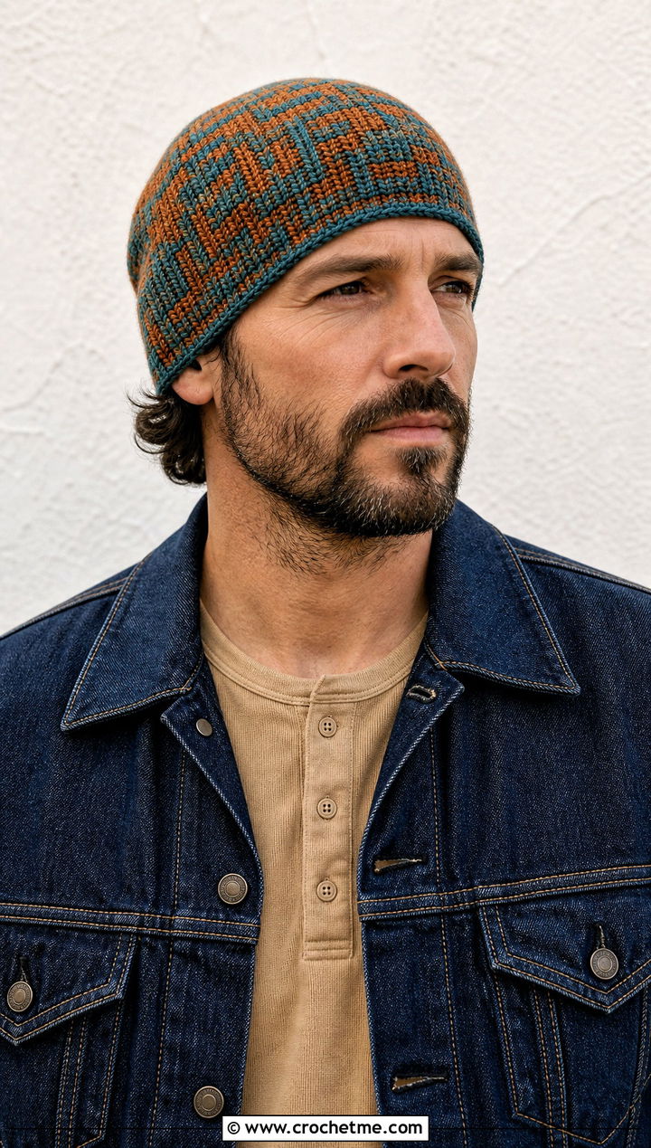 Tapestry Crochet Beanie With Western Jacket - 25 easy men's crochet beanie outfit ideas