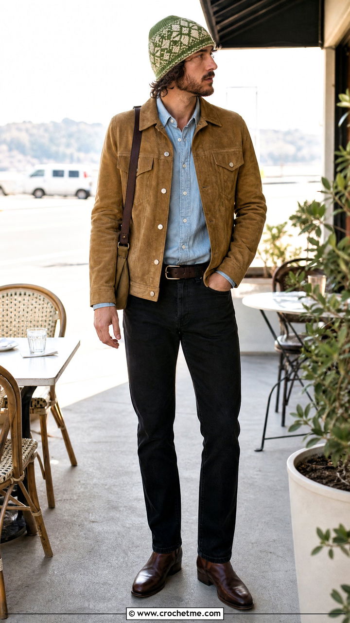 Tapestry Crochet Beanie With Western Jacket - 35 men's crochet beanie outfit ideas
