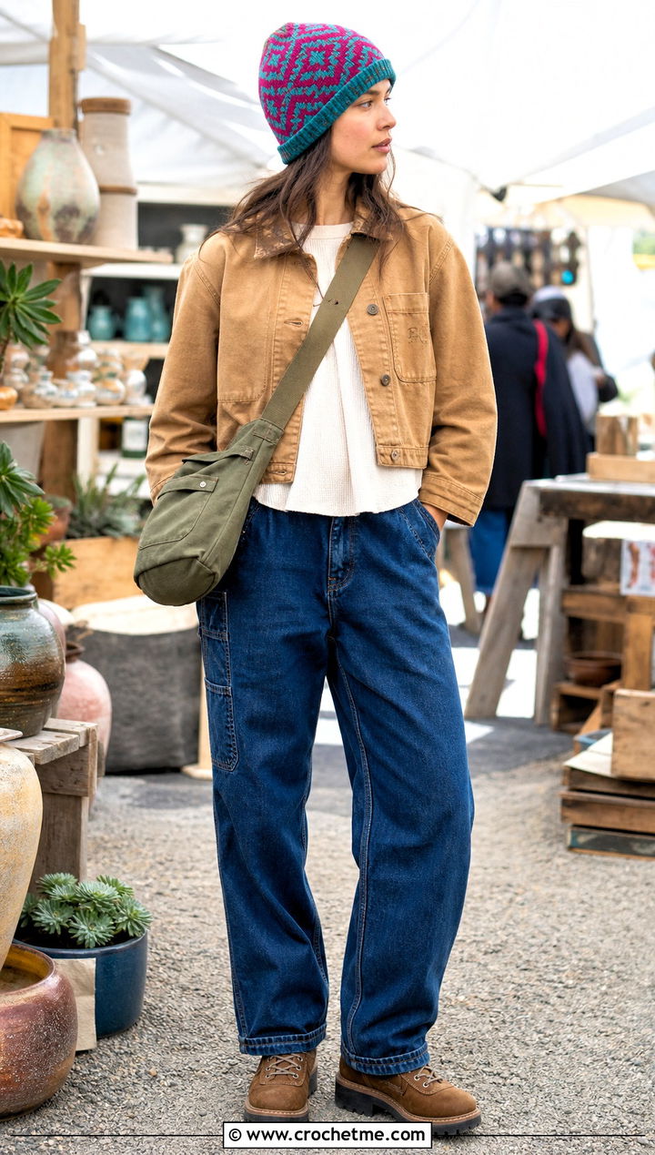 Tapestry Crochet Beanie With Workwear Jacket And Carpenter Jeans - 35 simple crochet beanie outfit ideas