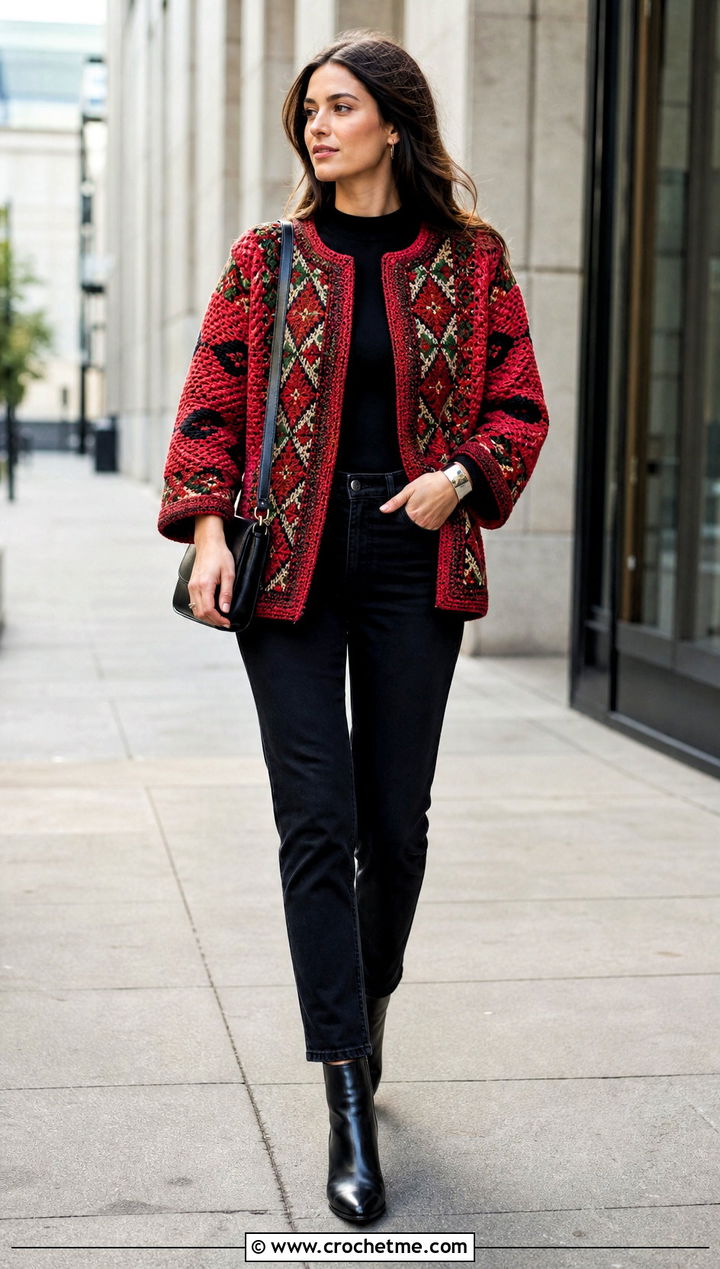 Tapestry Crochet Blanket Jacket With Black Jeans - 25 crochet blanket jacket outfit ideas