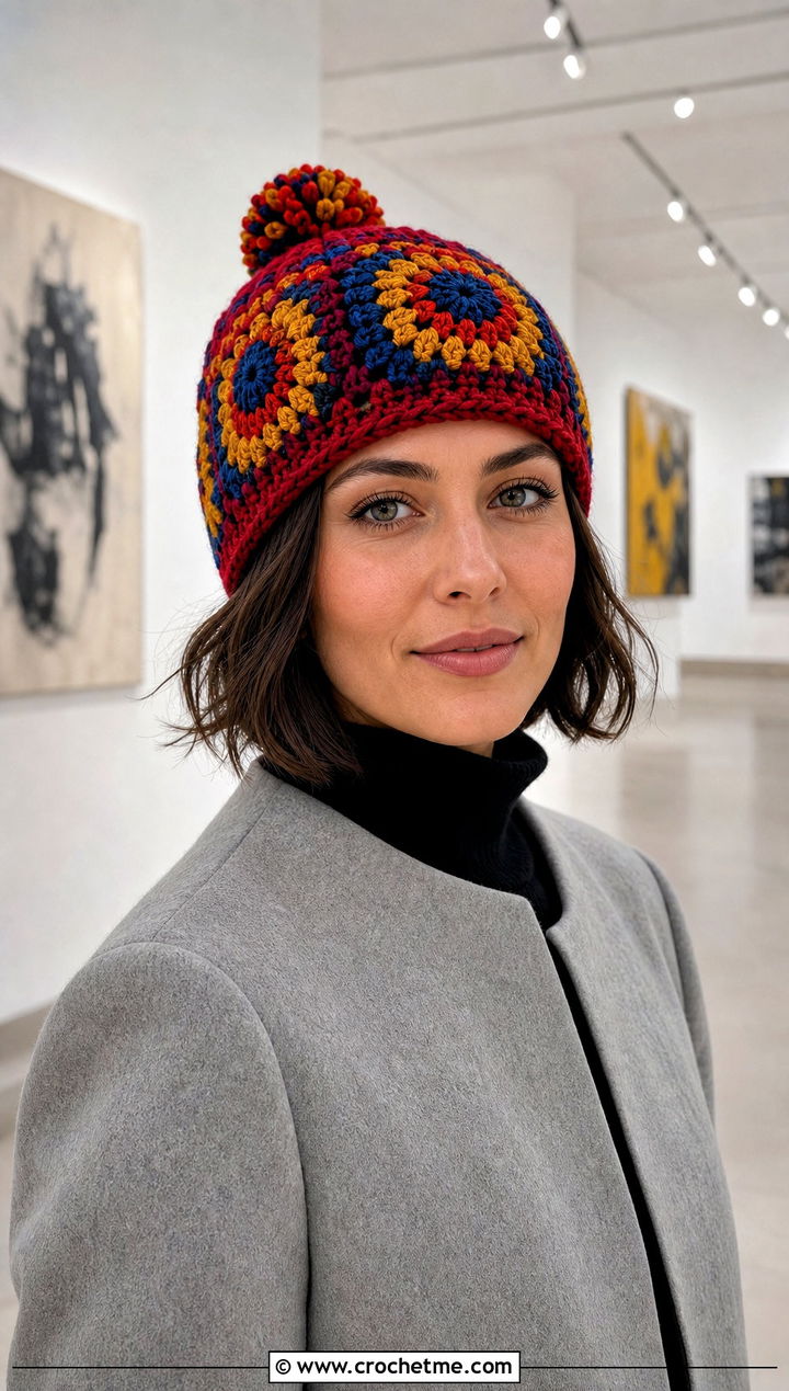 Tapestry Crochet Bobble Hat With Minimalist Coat - 30 crochet bobble hat outfit ideas