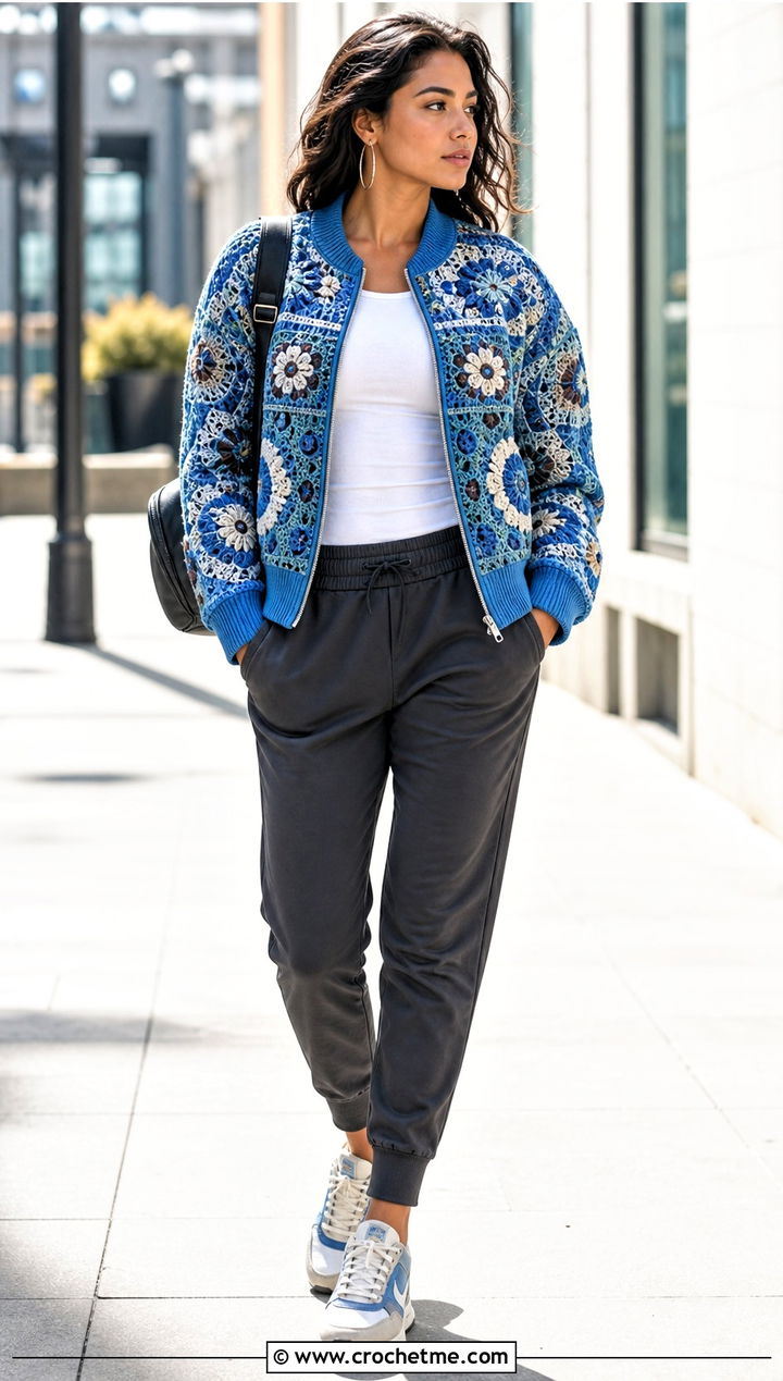 Tapestry Crochet Bomber Jacket With Joggers - 30 crochet tapestry clothes and outfit ideas