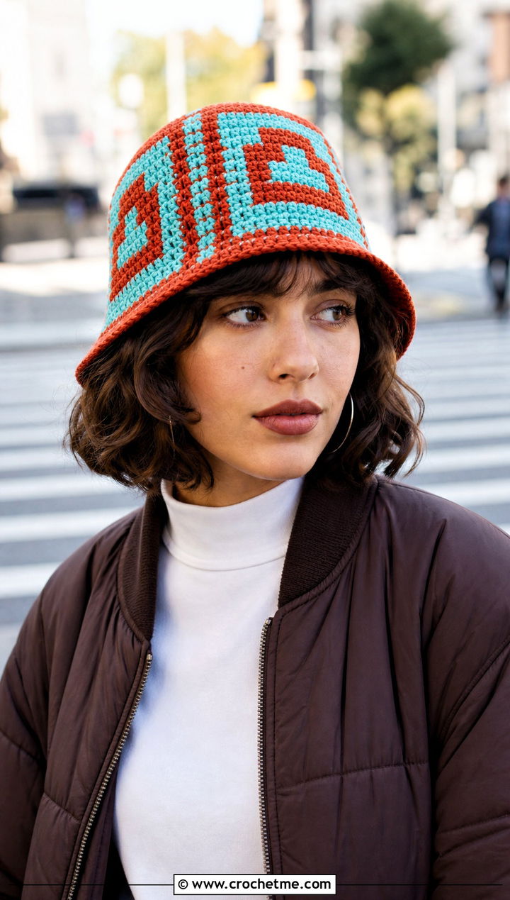Tapestry Crochet Bucket Hat With Bomber Jacket - 35 crochet winter bucket hat outfit ideas