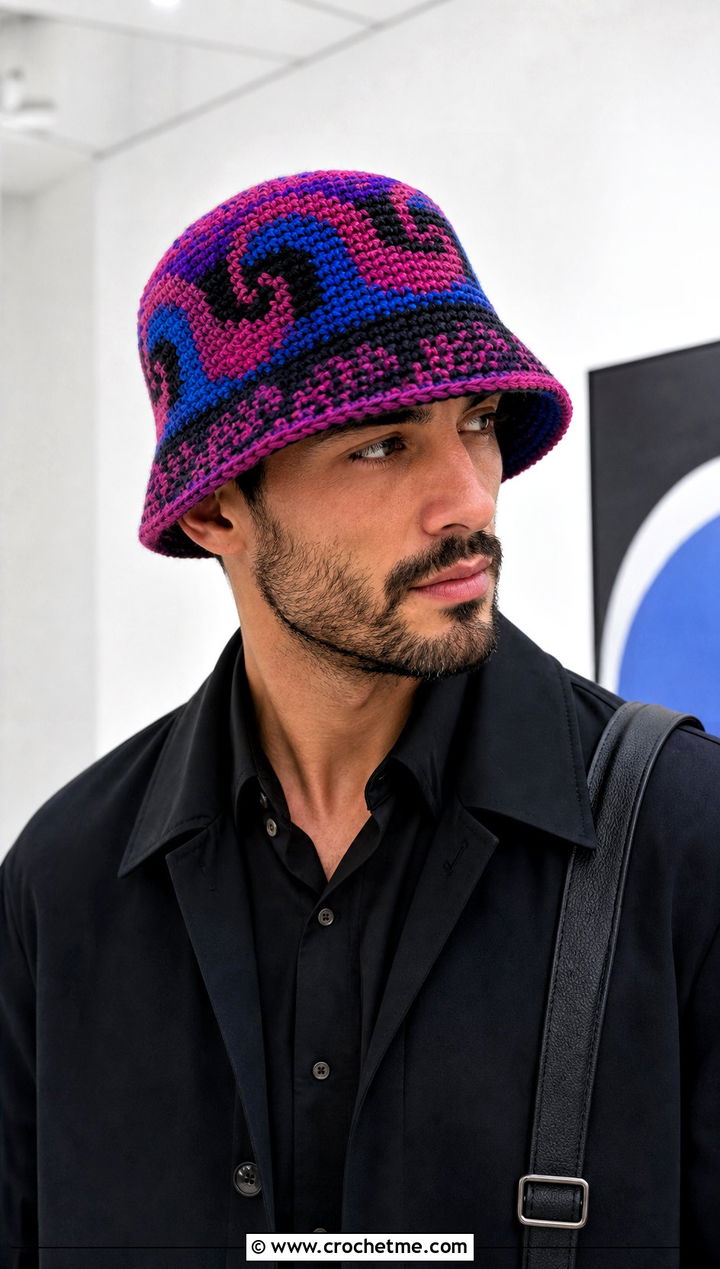 Tapestry Crochet Bucket Hat With Monochrome Outfit - 15 mens crochet bucket hat outfit ideas