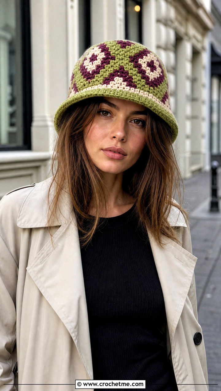 Tapestry Crochet Bucket Hat With Trench Coat - 25 crocheting bucket hat outfit ideas