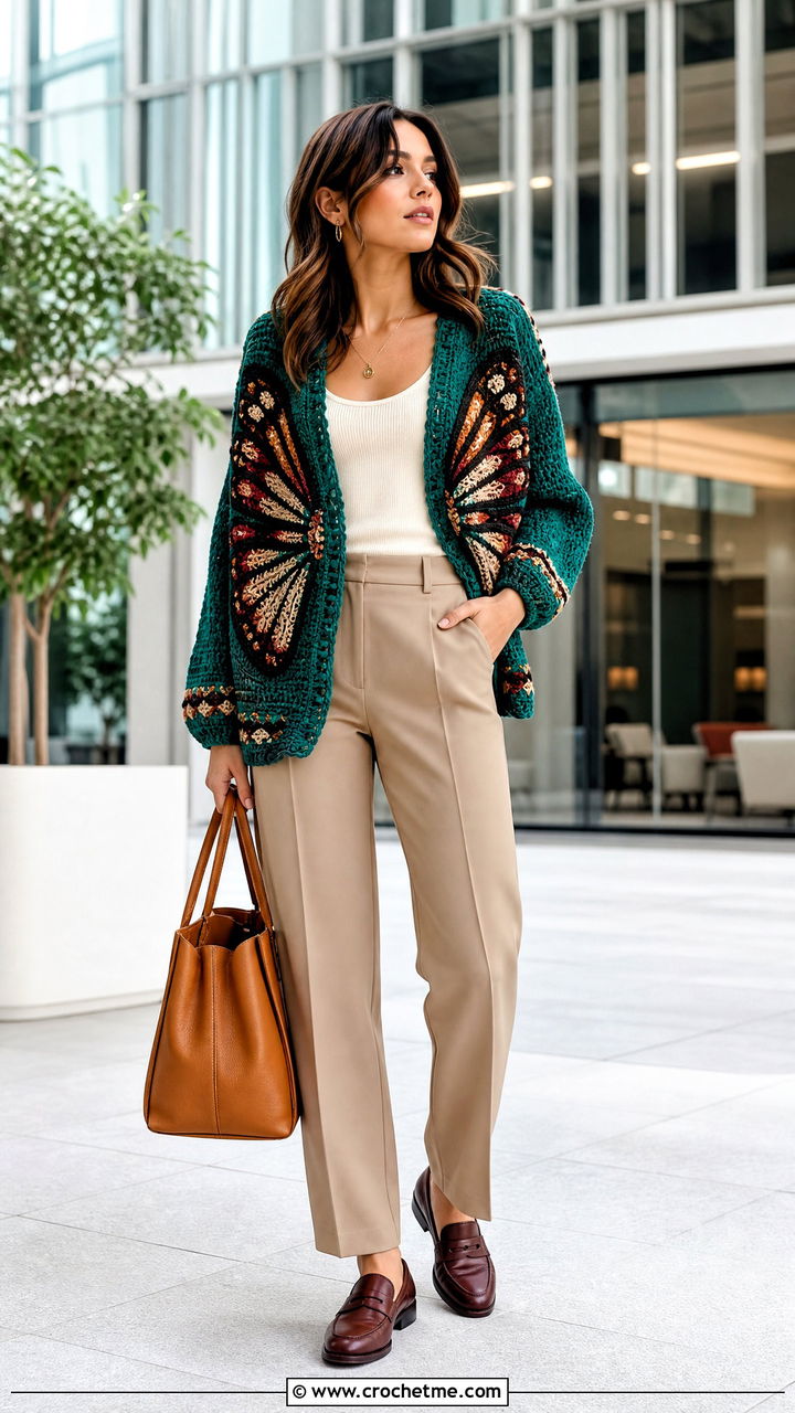 Tapestry Crochet Butterfly Cardigan With Tailored Trousers - 35 crochet butterfly cardigan outfit ideas