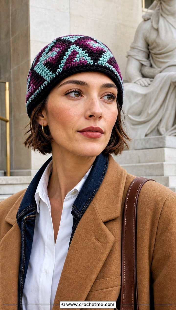 Tapestry Crochet Cap With Jeans And Blazer - 15 Fun Crochet Hats For Adults outfit ideas