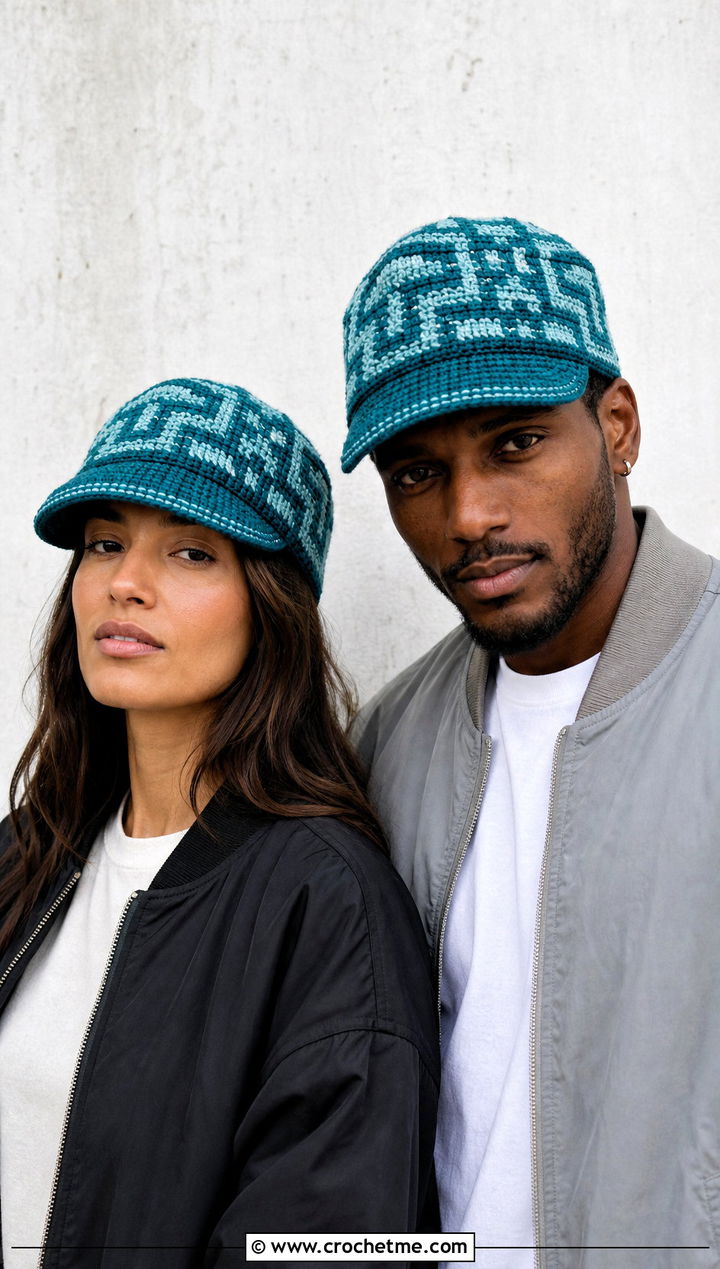 Tapestry Crochet Caps With Bomber Jackets - 15 Couples Crochet Hats outfit ideas