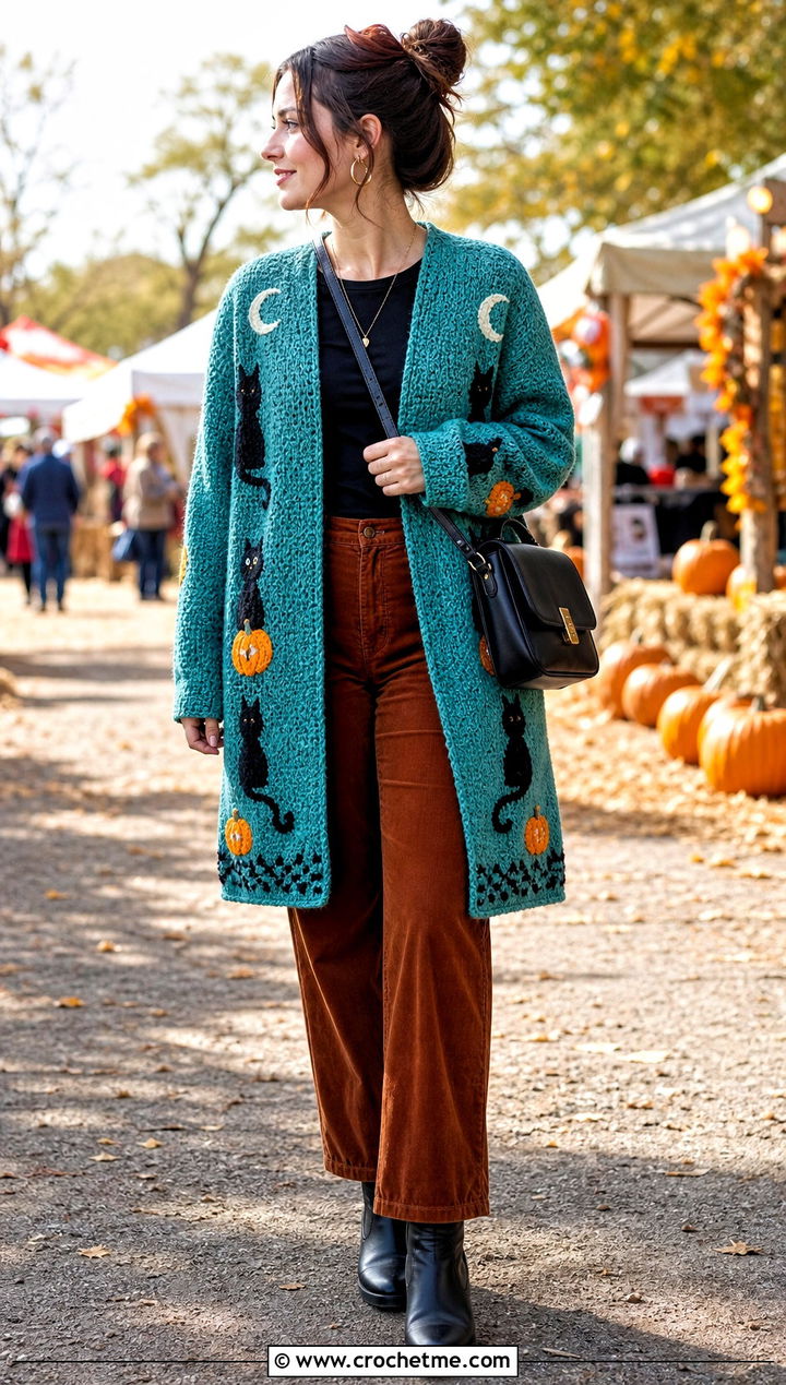 Tapestry Crochet Cardigan With Corduroy Pants - 25 halloween crochet cardigan outfit ideas