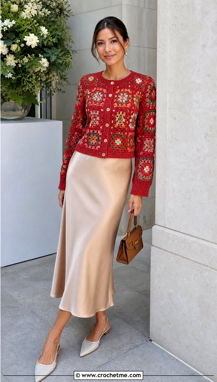 Tapestry Crochet Cardigan With Satin Skirt - 30 crochet tapestry clothes and outfit ideas