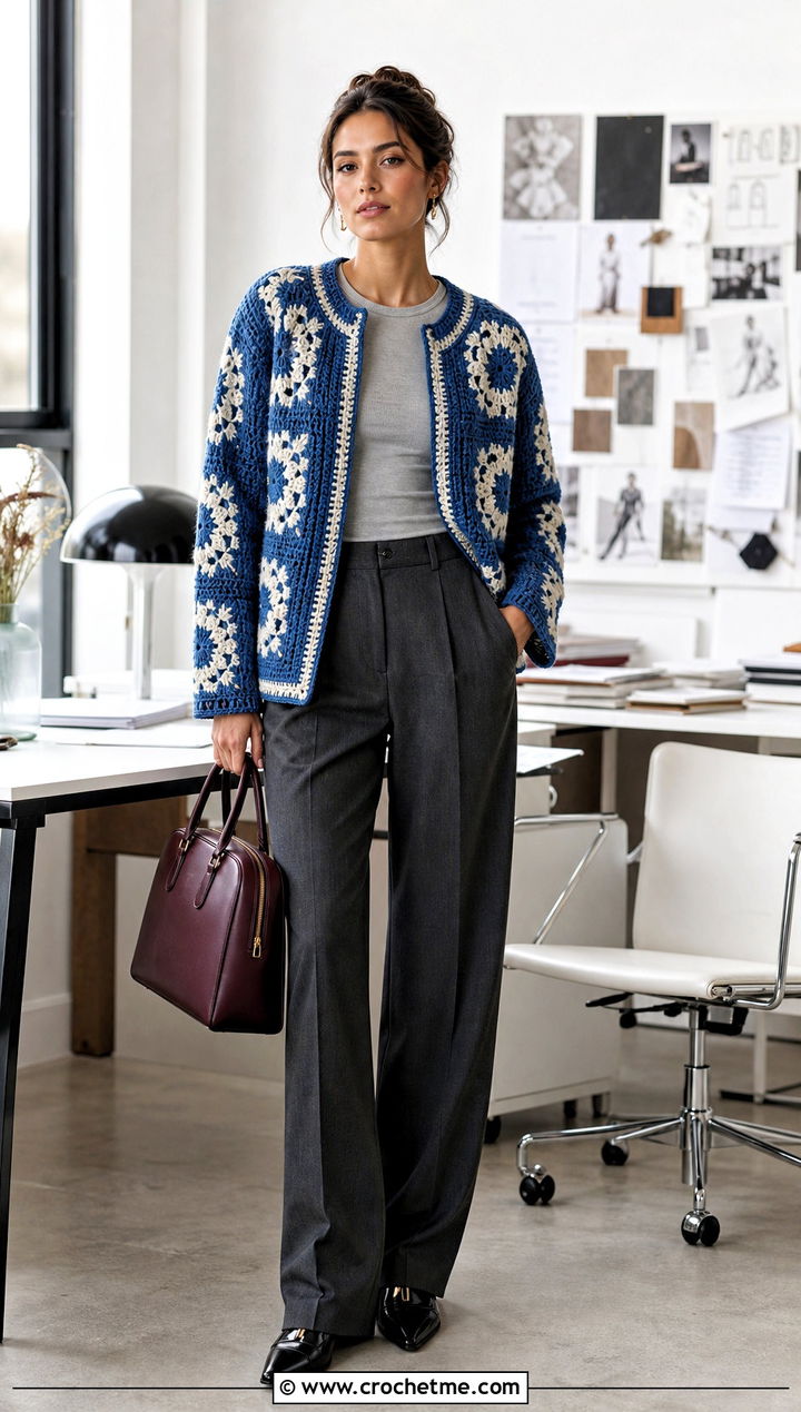 Tapestry Crochet Cardigan With Suit Trousers - 30 crochet spring cardigan outfit ideas