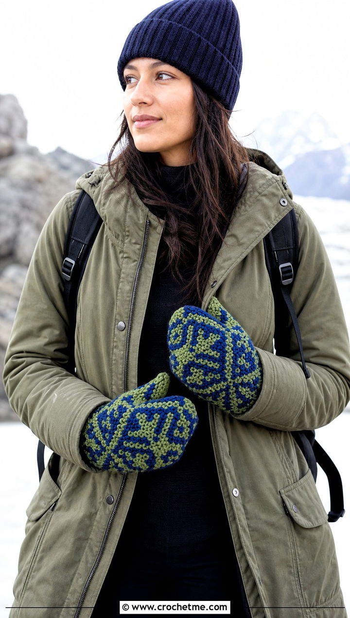 Tapestry Crochet Chunky Mittens With Utility Jacket - 20 Chunky Yarn Crochet Mittens outfit ideas