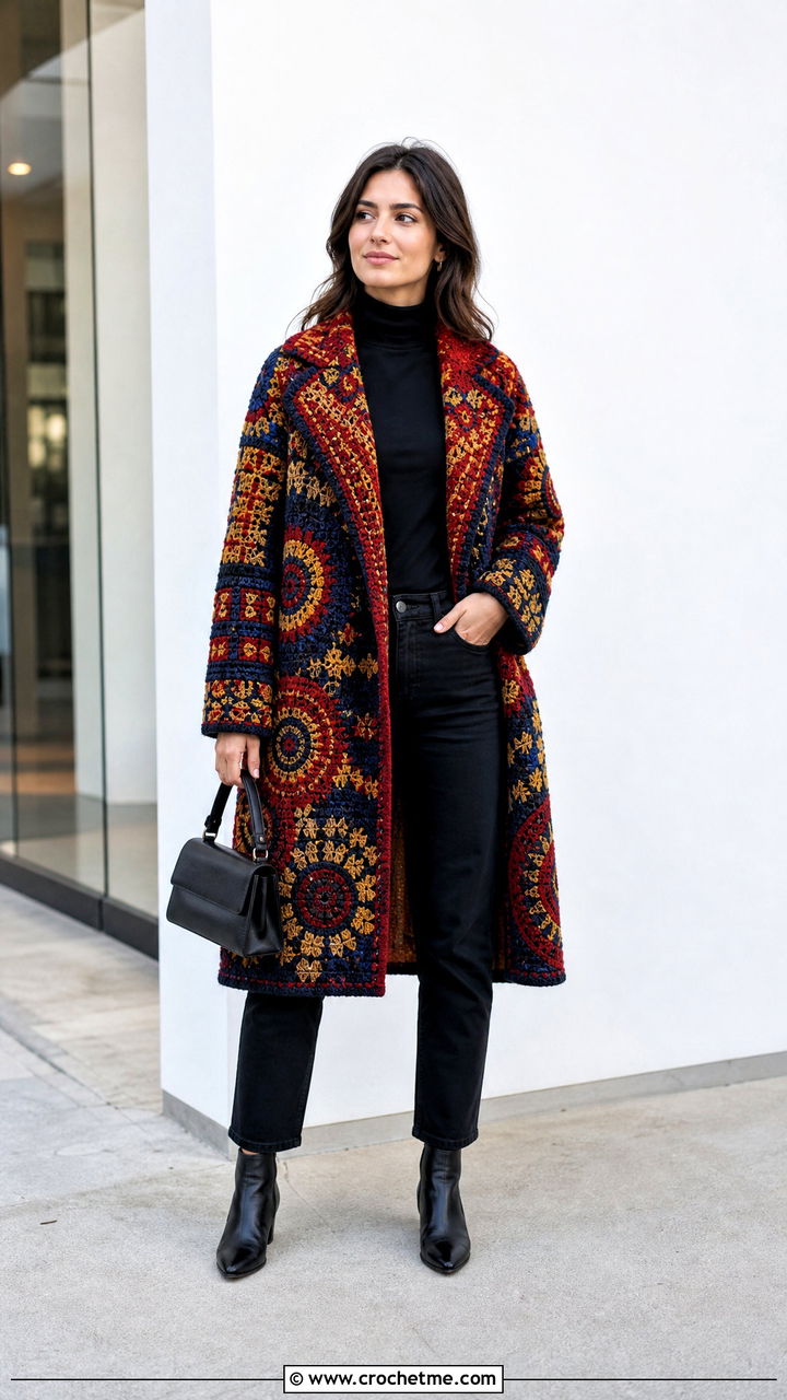 Tapestry Crochet Coat With All Black Basics - 35 crochet coats outfit ideas
