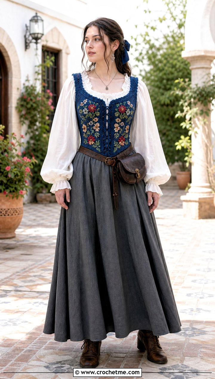 Tapestry Crochet Corset Renaissance Costume With Maxi Skirt - 15 Crochet Costume outfit ideas