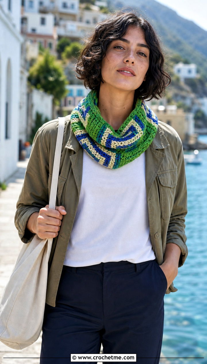 Tapestry Crochet Cowl With Utility Jacket And Chinos - 15 Crochet For Cowl Scarf outfit ideas