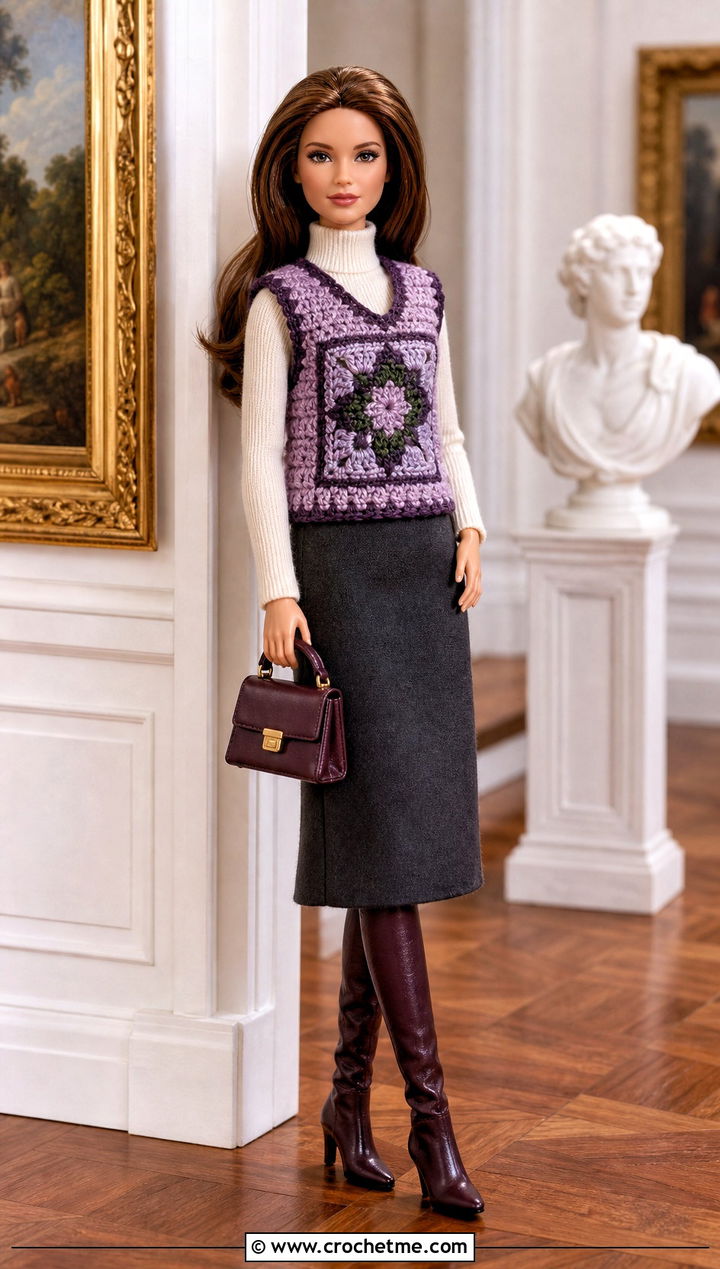 Tapestry Crochet Doll Vest With Midi Skirt - 20 crochet doll vest outfit ideas