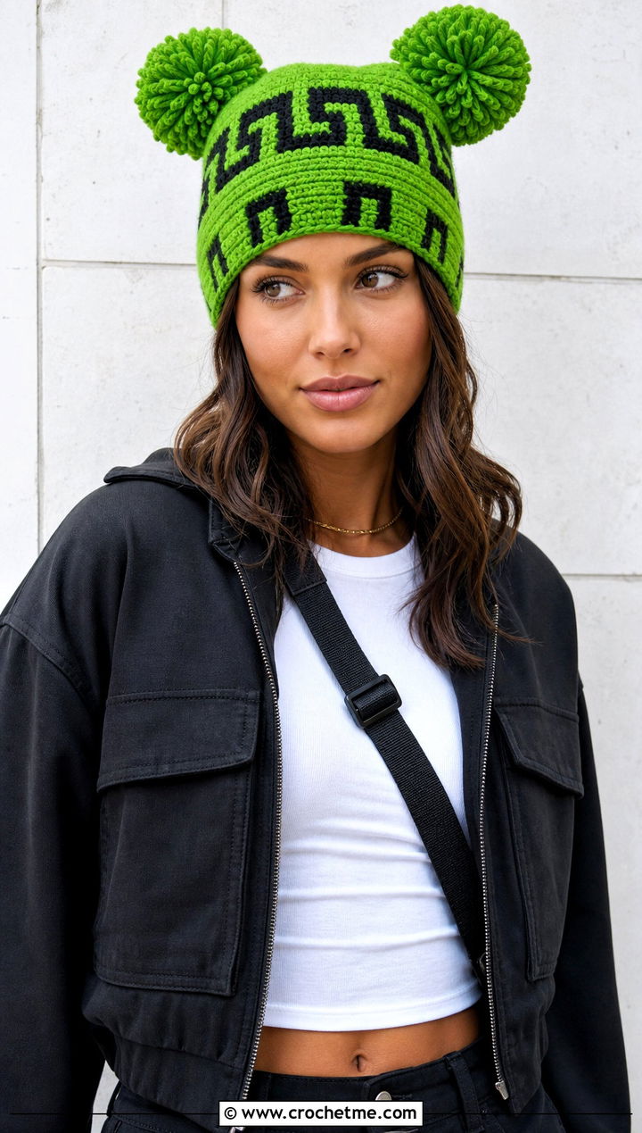 Tapestry Crochet Double Pom Hat With Cargo Pants - 20 Crochet Hat With Two Pom Poms outfit ideas