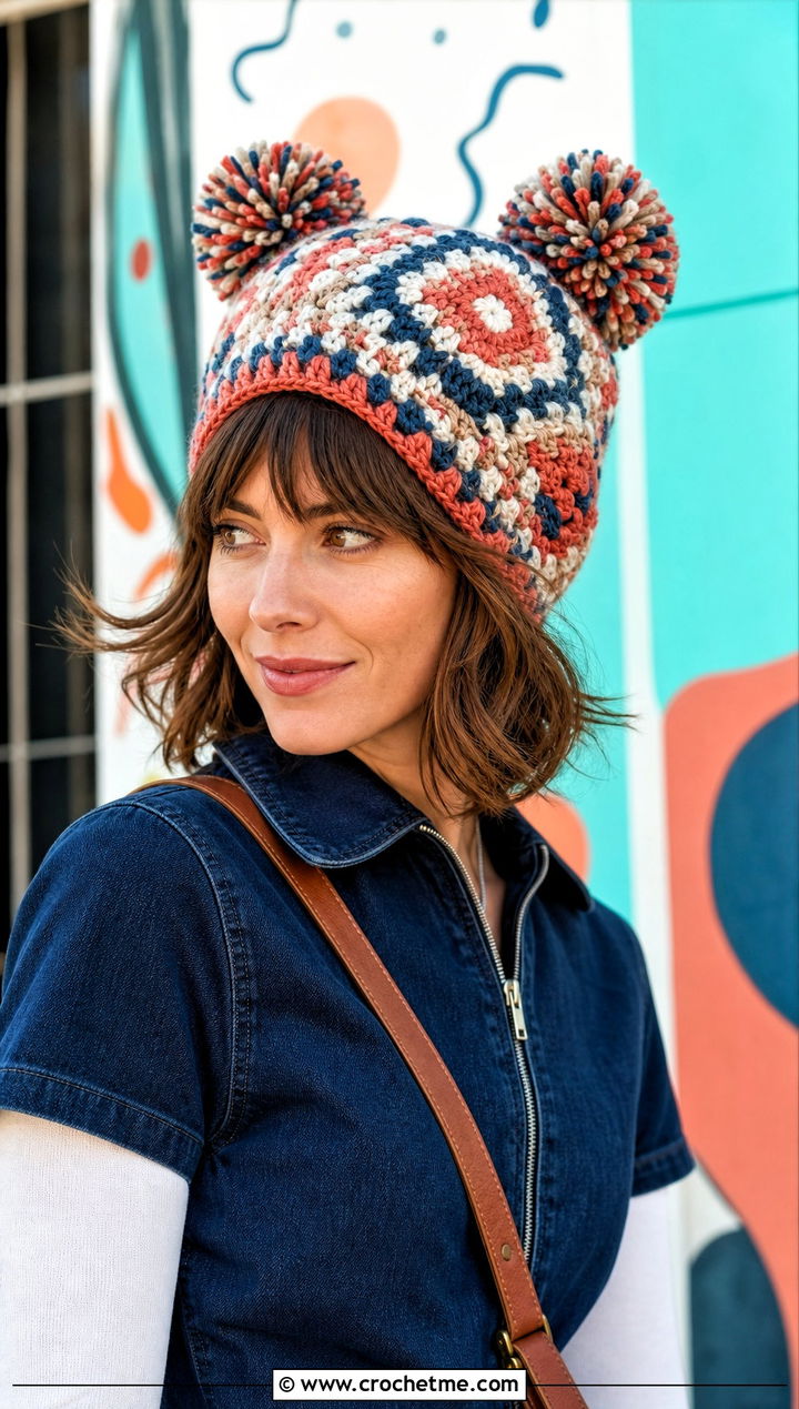 Tapestry Crochet Double Pom Pom Hat With Denim Jumpsuit - 25 Crochet Double Pom Pom Hat outfit ideas