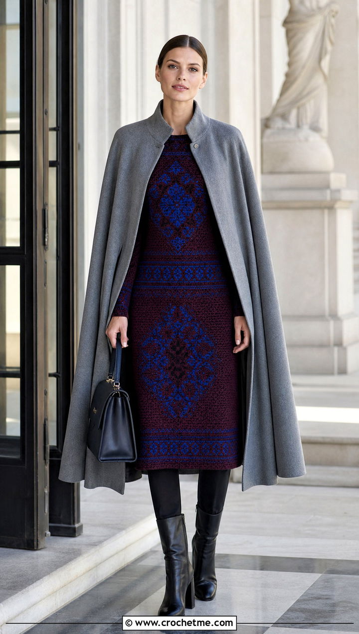 Tapestry Crochet Dress With Wool Cape - 30 crochet dress for winter outfit ideas