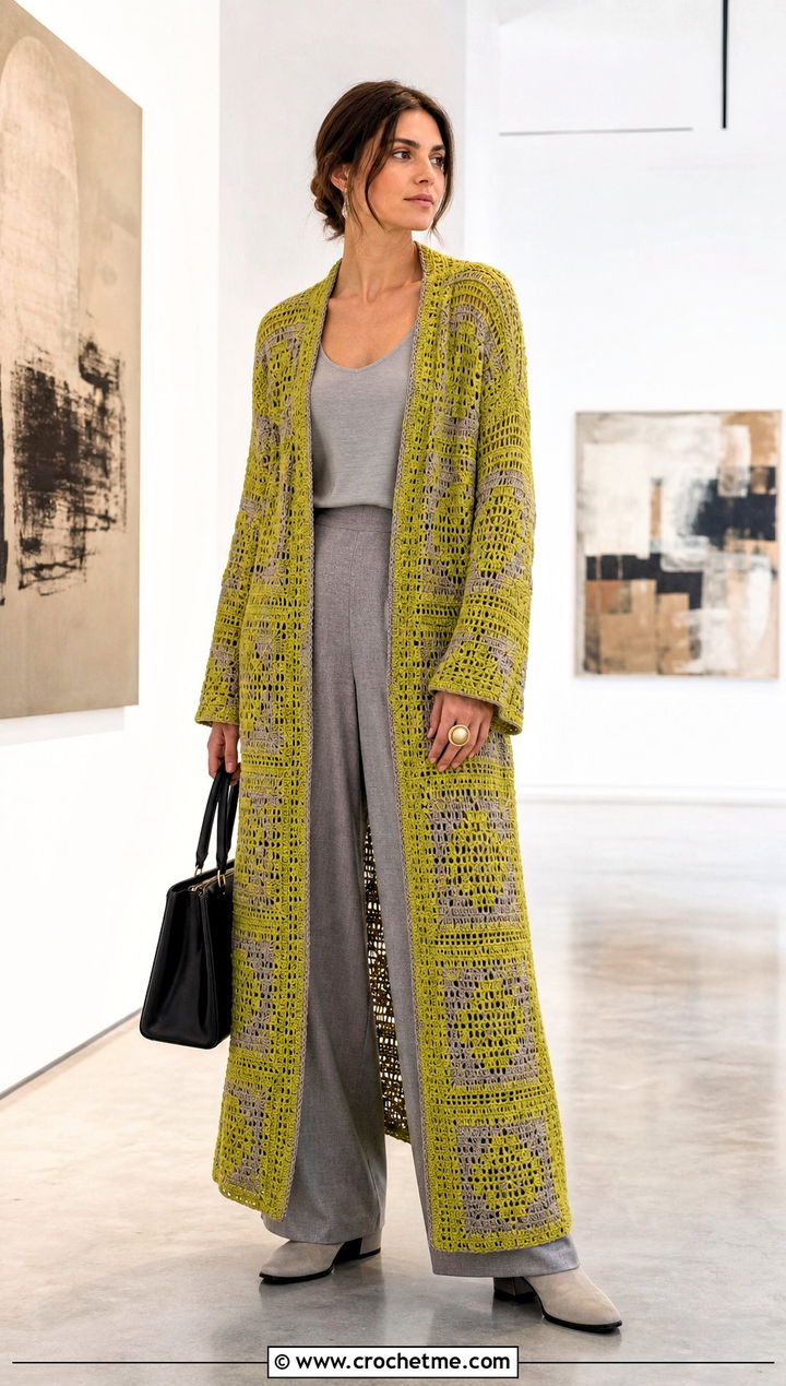 Tapestry Crochet Duster With Monochrome Basics - 30 crochet tapestry clothes and outfit ideas
