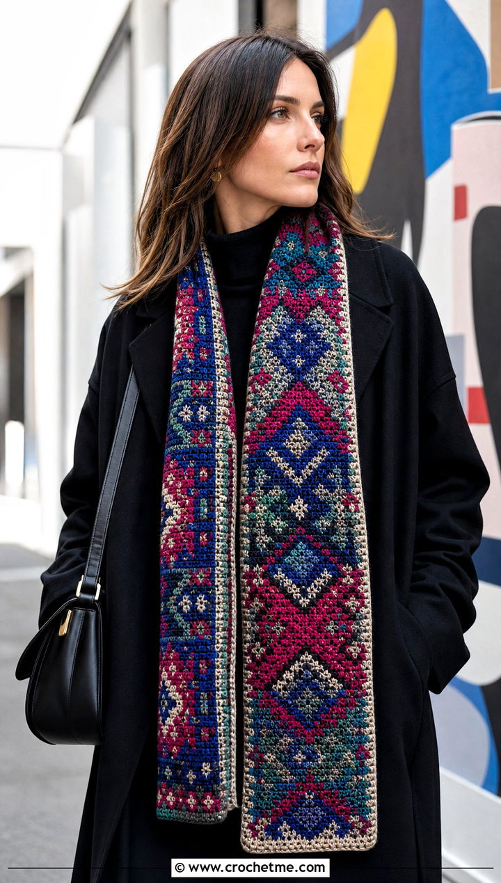 Tapestry Crochet Fall Scarf With Monochrome Outfit - 15 Crochet Fall Scarf outfit ideas