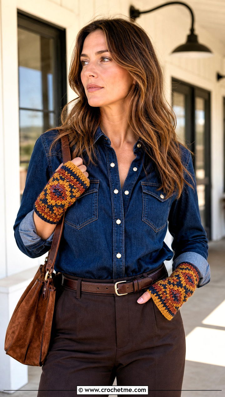 Tapestry Crochet Fingerless Mitts With Western Shirt - 25 Crochet Fingerless Mitts outfit ideas