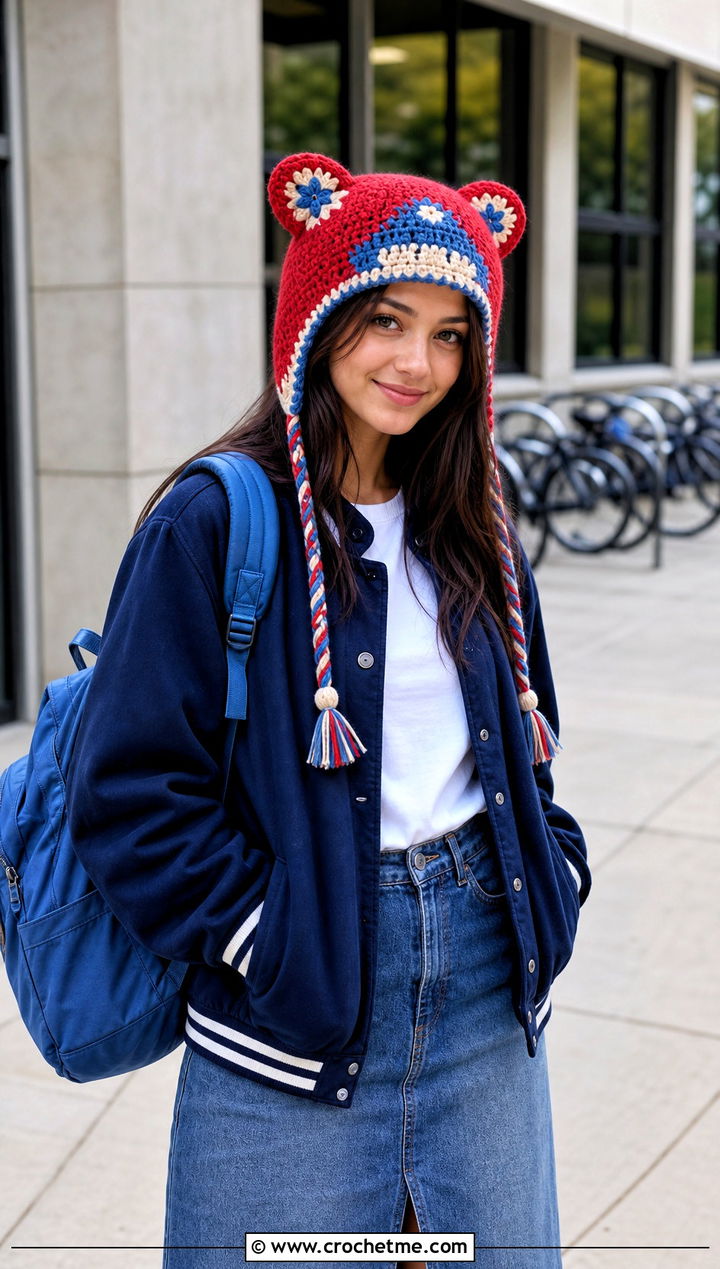 Tapestry Crochet Finn Hat With Varsity Jacket And Midi Skirt - 15 Adventure Time Crochet Fin Hat outfit ideas