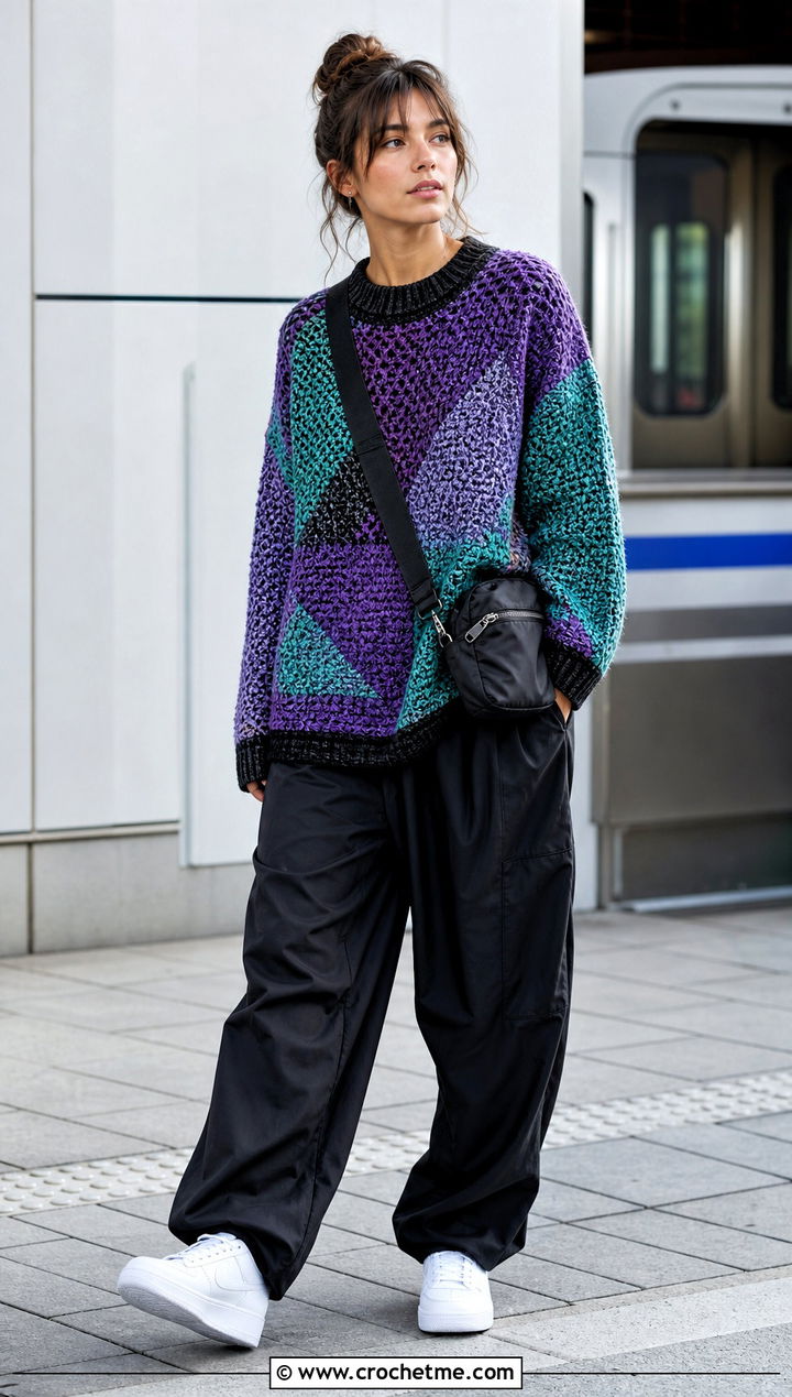 Tapestry Crochet Fisherman Sweater With Parachute Pants - 25 crochet fisherman sweater outfit ideas