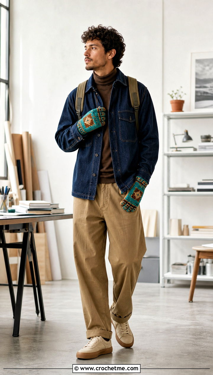 Tapestry Crochet Gloves With Denim Overshirt - 35 men crochet gloves outfit ideas