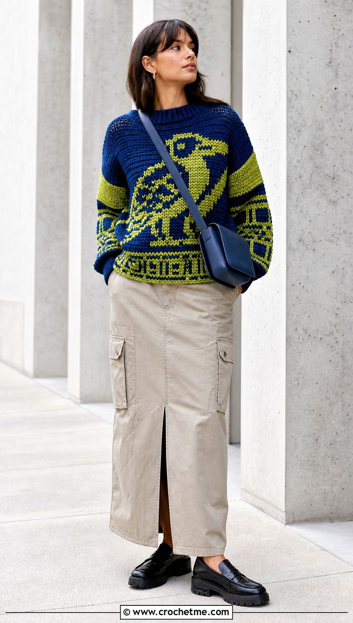 Tapestry Crochet Graphic Sweater With Cargo Maxi Skirt - 30 crochet graphic sweater outfit ideas