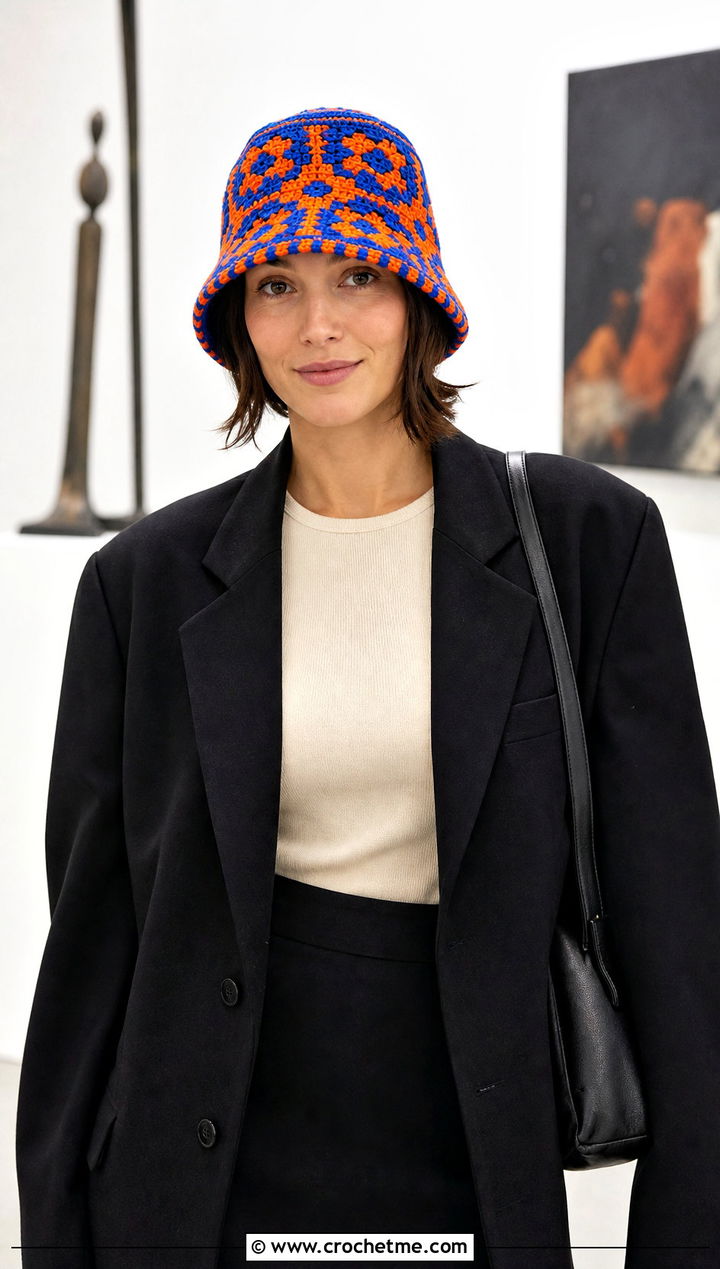 Tapestry Crochet Hat With Blazer And Column Skirt - 30 crochet stitch hat outfit ideas