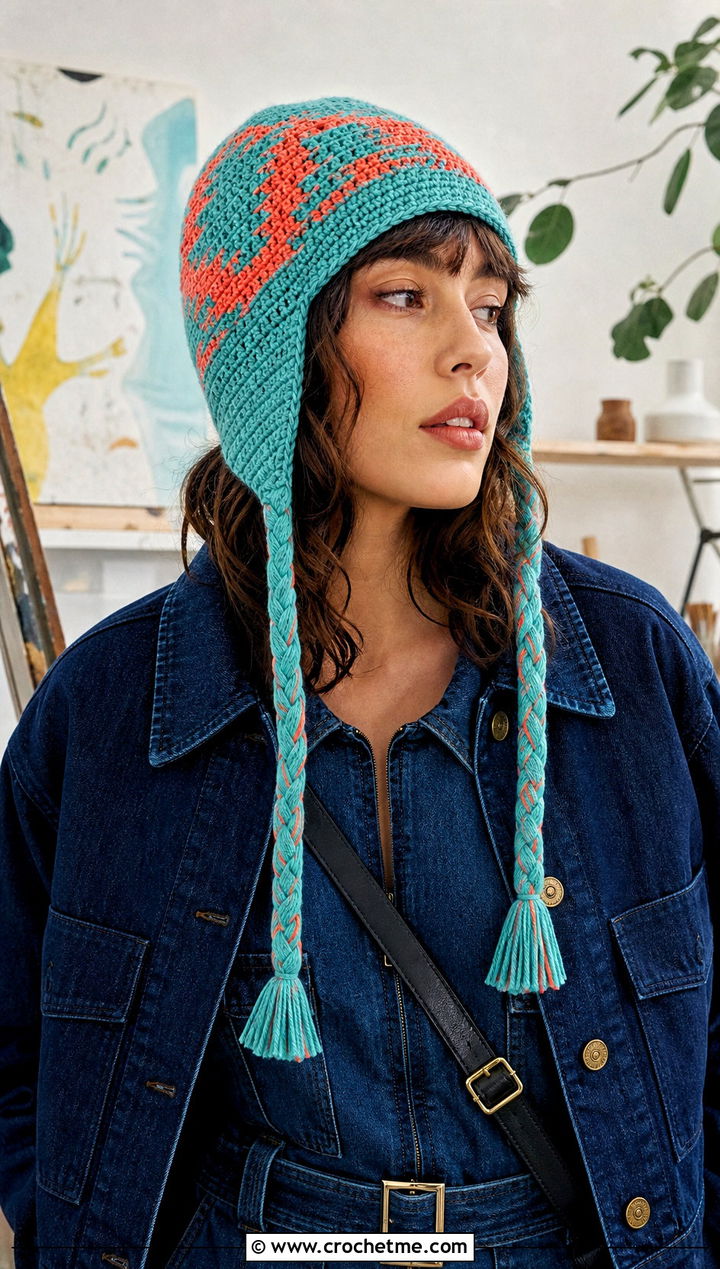 Tapestry Crochet Hat With Braids And Workwear Jumpsuit - 30 crochet hat with braids outfit ideas