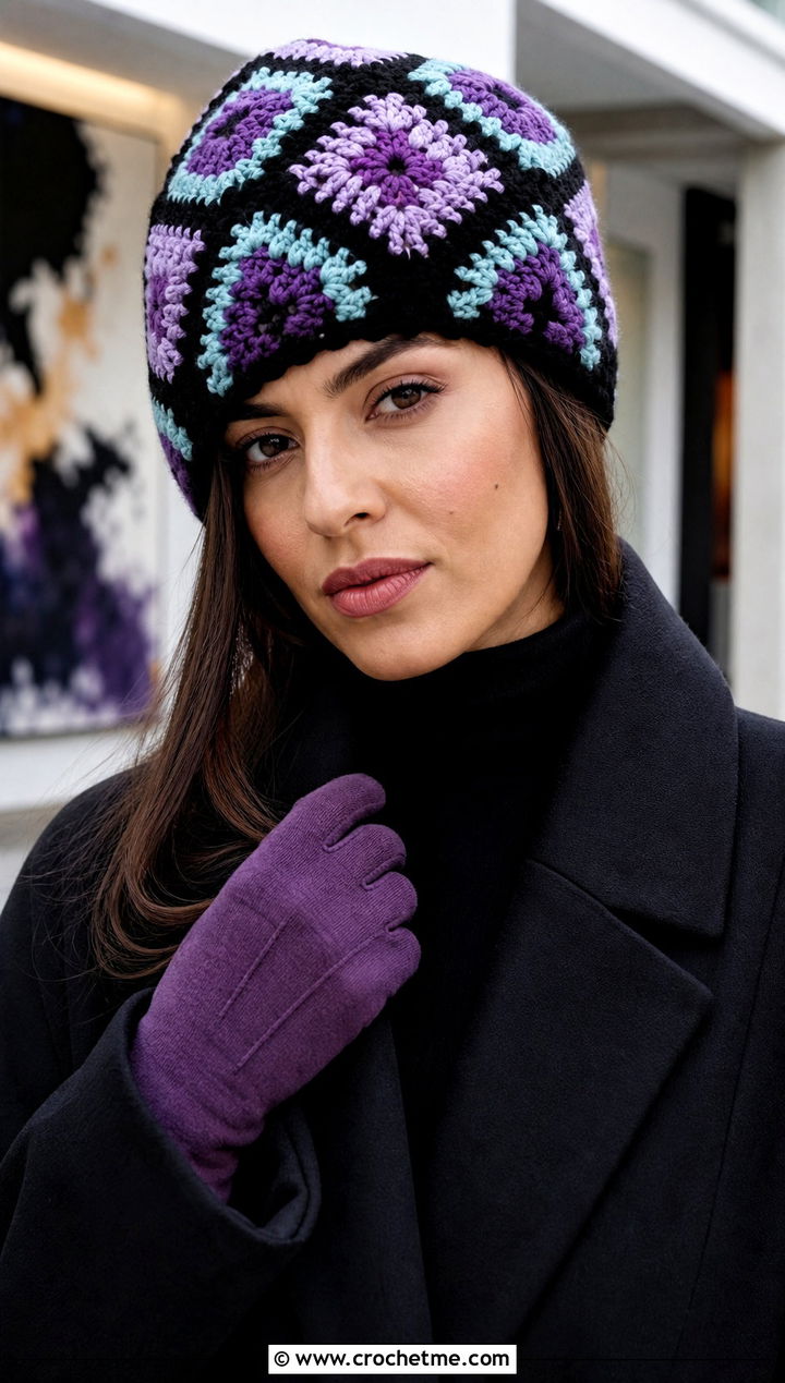 Tapestry Crochet Hat With Monochrome Outfit - 30 winter crochet hats outfit ideas
